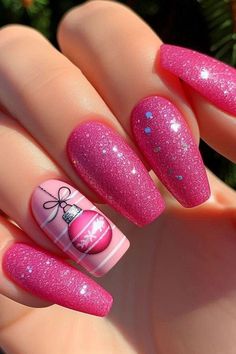 Hot Pink Gel Nails Ideas, Nails 2024 Pink, Disney Winter Nails, Bright Holiday Nails, Bright Christmas Nails, Red And Pink Nails Ideas, Pink Glitter Nail Art, Cute Pink Things, Sparkle Nail Art