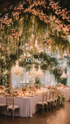 an elegant wedding reception with chandeliers and flowers hanging from the ceiling over tables