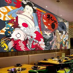 Japanese Mural Restaurant, Japanese Restaurant Wall Design, Restaurant Mural Design, Japanese Mural Art, Wallpaper For Restaurant Wall, Japanese Wall Painting, Japanese Food Wallpaper, Japanese Wall Mural, Restaurant Wall Mural