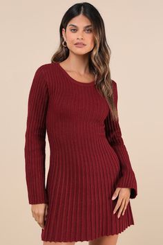 Winter style just got a little more chic with the arrival of the Lulus Convincing Poise Burgundy Ribbed Long Sleeve Skater Mini Dress! Midweight ribbed knit shapes this sweet little dress that has long, slightly flaring sleeves and a crew neckline. Figure-hugging silhouette continues down to a flattering waist and ends at a skater-style mini skirt. Fit: This garment fits true to size. Length: Mid-thigh. Size medium measures 32.75" from shoulder to hem. Bust: Great for any cup size. Waist: Fitted Fitted Burgundy Long Sleeve Mini Dress, Burgundy Mini Dress Long Sleeve, Fall Dresses For Women, Burgundy Ribbed Long Sleeve Sweater, Red Long Sleeve Mini Dress, Flirty Style, Casual Non-stretch Long-sleeved Sweater Dress, Skater Mini Dress, Dresses For Fall, Cozy Sweater Dress