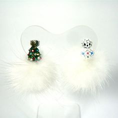 Small White Real Mink Fur Ball Pom Pom Crystal Rhinestone Snowman Christmas Tree Dangle Drop Earring Casual Earrings, Snowman Christmas Tree, Ear Pins, Czech Crystal, Snowman Christmas, Christmas Earrings, Mink Fur, Winter Season, Crystal Earrings