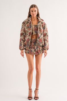 + Floral Printed Puffer Jacket + Vintage-Inspired Jacquard Fabric + Zip-Up + Two Side Pockets + Breast Pocket + Fabric: Cotton & Polyester Jacquard Jacket Outfit, Printed Puffer Jacket, Jacquard Jacket, Floral Jacket, Print Coat, Floral Jacquard, Vintage Winter, Todays Outfit, Print Jacket