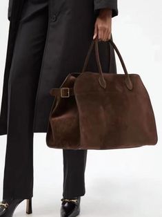 Classic Structured Top Handle Transport Tote Bag In Faux Leather Row Margaux Bag, Suede Bags For Women, Margaux The Row, The Row Margaux Bag Outfit, The Row Tote Bag, The Row Bag Outfit, Suede Bag Outfit, Brown Bag Outfit, The Row Margaux Bag