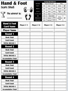 a hand and foot score sheet with instructions for each player to play in the game