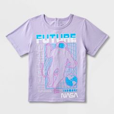 Encourage your kid to dream big with this NASA Adaptive Short-Sleeve Graphic T-Shirt. Made from 100% cotton for cool comfort, this lavender tee features a tagless design. Back snaps allow for easy dressing, while a crewneck with a banded collar offers a classic look. Featuring the NASA logo, an astronaut graphic and the text "I Am the Future," it makes a perfect pairing with any of their favorite joggers. Purple Graphic Tee With Graphic Design, Purple Graphic Design T-shirt For Summer, Summer Purple Graphic Design T-shirt, Purple Relaxed Fit Graphic Tee, Purple Cotton Tops With Graphic Design, Lavender Graphic Print Crew Neck Top, Lavender Crew Neck Top With Graphic Print, Lavender Tops With Letter Print In Relaxed Fit, Lavender Tops With Letter Print And Relaxed Fit