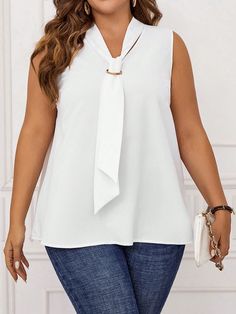 White Elegant Collar Sleeveless Woven Fabric Plain Top Embellished Non-Stretch  Women Plus Clothing V-neck Tank Top For Office In Summer, Sleeveless Summer Office Vest, Chic Sleeveless Tank Top For Office, Casual Sleeveless Blouse For Office, Casual Sleeveless Office Blouse, Sleeveless Office Vest Top, Casual Sleeveless Top For Office, Casual Sleeveless Vest For Office, White Sleeveless Office Top