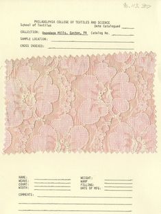 a pink lace with flowers on it is shown in an old fashioned style paper sheet