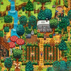 the game is shown with lots of trees, bushes and houses on it's map