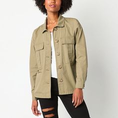 Made from lightweight cotton-twill, this shirt jacket from Arizona Jeans Co. junior's and women's collection is an easy layering piece for slightly cooler temps. Cut for a slightly loose fit, it has a classic spread collar, drop shoulders, chest flap pockets, long sleeves, and front button closures.Closure Type: ButtonFit: Regular FitNeckline: Collar NeckSleeve Length: Long SleeveWarmth Factor: MidweightApparel Length: 28 InchesOuterwear Length: MidFiber Content: 100% CottonFabric Description: K Junior Shirts, Arizona Jeans, Green Jacket, Layering Pieces, Flap Pocket, Women Collection, Shirt Jacket, Cotton Twill, Arizona