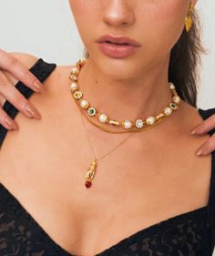 Golden Touch Necklace | En Route Jewelry Red Pearl Chain Necklace For Party, Gold Ruby Jeweled Necklaces, Gold Ruby Jeweled Necklace, Gold Jeweled Ruby Necklace, Gold Plated Jeweled Necklaces As Gifts, Gold Jeweled Chain Necklace Gift, Gold Ruby Necklace For Party, En Route Jewelry, Hard Metal