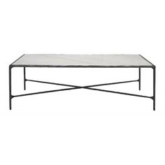 a white marble top coffee table with black metal frame and legs, against a white background