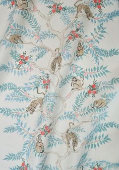 an image of a wallpaper with monkeys on it's branches and red flowers