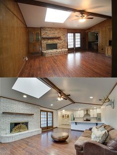 before and after pictures of a living room with wood flooring, fireplace, and ceiling fan