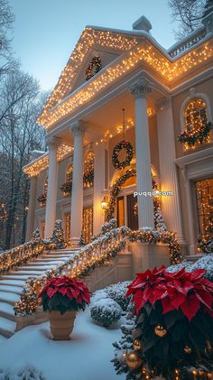 a large house with christmas lights on the front porch and steps leading up to it