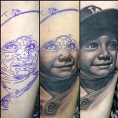 three different pictures of baseball players with tattoos on their arms, one has a man's face and the other is a woman's head