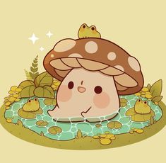 a mushroom with a frog sitting on top of it