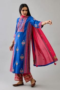 Blue silk straight kurta with muti-colored floral, thread and sequins embroidery. Comes with fuchsia straight pant and a light silk dupatta. - Aza Fashions Blue Kurta, Women Kurta, Light Silk, Straight Kurta, Kurta With Pants, Silk Dupatta, Sequins Embroidery, Blue Silk, Pants Pattern