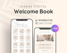 the airbn digital welcome book is displayed next to an iphone with icons on it