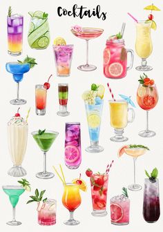 watercolor cocktails with different drinks in them