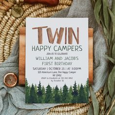 two happy campers birthday party with wood and greenery