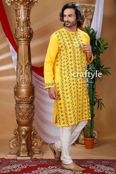 Presenting an exclusive Men's Kurta with hand embroidered kantha work. The unique multi-thread kantha embroidery design is entirely handcrafted on pure cotton panjabi by our skilled artisans. This beautiful Indian attire is suitable for any occasions and it will give you elegant ethnic look with ultimate comfort.  Men's Chest Size : 42 inch Sleeve Length : Long Sleeves Design : Kantha Stitch Fabric : 100% Cotton Dry Clean recommended. -------------------------------- We regularly upload new premium products for you. So, kindly visit our shop: https://www.etsy.com/shop/CraftyleIndia Please click the Follow Shop ❤ button at the top of the shop and share to get latest updates. Click on the Heart Sign ❤ to add item to your favorites. Long Sleeve Sherwani For Puja With Traditional Patterns, Traditional Kurta For Puja In Transitional Season, Traditional Kurta With Traditional Patterns For Navratri, Long Sleeve Kurta With Traditional Patterns For Navratri, Bollywood Style Kurta With Traditional Patterns For Festivals, Transitional Season Straight Kurta With Traditional Patterns, Transitional Season Traditional Pattern Straight Kurta, Ceremonial Kurta With Traditional Patterns And Long Sleeves, Traditional Straight Kurta With Traditional Patterns