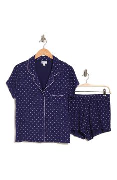 Get that chic put-together feel even in your jammies with this lightweight printed set. Top: 25" length (size S); Bottom: 10.5" rise, 3" inseam Top has notch lapel, short sleeves, and front patch pocket Bottom has elasticized waist and allover print 95% rayon, 5% spandex Machine wash Imported Model stats: 5'10", Bust: 32", Waist: 25", Hip: 36". Model is wearing size S. Summer Pajama Party Sleepwear With Pockets, Short Sleeve Sleepwear With Pockets For Loungewear, Loungewear Sleepwear With Pockets And Short Sleeves, Printed Short Sleeve Sleep Set, Blue Printed Short Sleeve Sleepwear, Relaxed Fit Short Sleeve Pajama Party Sets, Relaxed Fit Short Sleeve Sets For Pajama Party, Spring Sleepwear With Pockets And Short Sleeves, Casual Short Sleeve Short Set For Sleepover