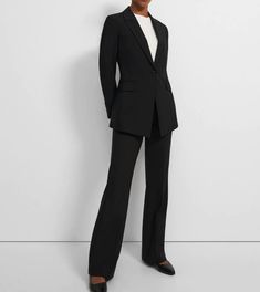 Elegant Semi-formal Pantsuit With Pressed Crease, Elegant Semi-formal Full-length Pantsuit, Elegant Full-length Semi-formal Pantsuit, Elegant Long Sleeve Pantsuit, Chic Tailored Suits, Tailored Elegant Formal Pantsuit, Elegant Tailored Pantsuit For Formal Occasions, Elegant Tailored Pantsuit For Semi-formal, Chic Tailored Full-length Suits