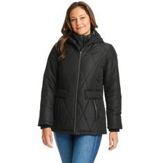 The Women's Details quilted jacket with attached hood is the perfect choice for staying warm and stylish when the weather gets chilly. The water-resistant shell keeps you dry in the rain, while the waist tab at the back with piping adds a great look. The 28" center back length is the classic jacket length, designed to block out any drafts  and there are two double entry pockets for storing your phone or keys! Color: Black.  Gender: female.  Age Group: adult. Black Hooded Quilted Parka, Black Quilted Hooded Parka, Black Quilted Parka For Fall, Black Hooded Nylon Quilted Jacket, Quilted Black Parka For Winter, Quilted Nylon Parka For Cold Weather, Black Quilted Winter Parka, Quilted Black Winter Parka, Functional Hooded Quilted Jacket For Cold Weather