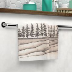 two towels hanging on a towel rack in a bathroom next to a toilet paper dispenser