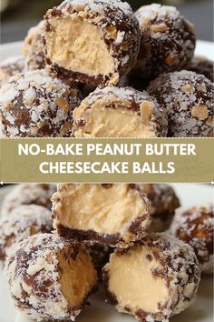 no - bake peanut butter cheesecake balls are stacked on top of each other