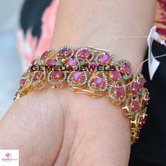 Ruby Gemstone Bracelet, Pave Diamond Bracelet, Gemstone Silver Jewelry, Ruby Gemstone Bracelet, 925 Silver Bracelet, Gold Plated Jewelry Gross Weight: 60.97 gram Gemstone Weight: 51.17 cts Diamond Weight: 6.28 cts Bracelet Size: 7.5 inch NOTE:- All The Products Are Designed And Manufactured In My Workshop By Me & My Team. Shown Products Are Purely Handmade. Custom Orders Are Open Handly Accepted. We Are the Perfect Choice For Any Custom Jewelry Manufacturing. For Bulk Orders Please Message m Wedding Bangle Bracelet With Natural Stones, Fine Jewelry Stone Bracelets, Wedding Bangle Bracelets With Natural Stones, Fine Jewelry Sterling Silver Gemstone Bangle, Sterling Silver Gemstone Bangle Bracelet, Round Natural Stones Bracelet In Fine Jewelry Style, Formal Bangle Bracelet With Natural Stones, Round Natural Stones Bracelets Fine Jewelry, Fine Jewelry Bracelets With Natural Stones