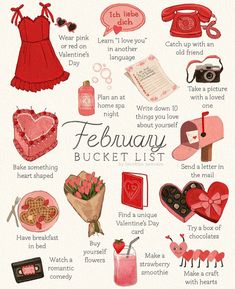 a valentine's day bucket list with pink and red items, including a heart shaped box