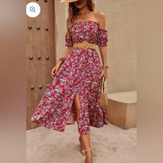 Show Off Your Feminine Side In The New Floral Off The Shoulder Midi Dress. Features: Off The Shoulder Silhouette With Detached Sleeves, Mid-Thigh Slit, Ruffle Hem, Cinched Waist Floral Off Shoulder Dress, Detached Sleeves, Carmen Dress, Off The Shoulder Midi Dress, Style Dresses, Cinched Waist, Ruffle Hem, Lady In Red, Off Shoulder Dress