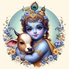 the god is holding a cow in his arms