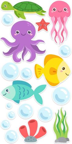 an assortment of sea animals stickers with bubbles and stars on the bottom, under water