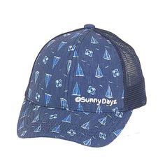 Sailboat Trucker's Cap for Small Heads - Sunny Dayz Hat Summer Baseball Cap With Mesh Back And Curved Bill, Summer Mesh Back Baseball Cap With Curved Bill, Blue Trucker Hat For Summer Outdoor Activities, Blue Trucker Hat For Summer Outdoor, Blue Cotton Trucker Hat For The Beach, Outdoor Blue Mesh Snapback Hat, Blue Mesh Snapback Hat For Outdoor, Blue Breathable Summer Hat, Summer Trucker Hat With Mesh Back