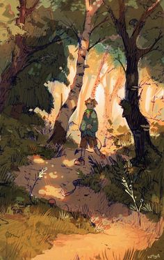 a painting of a person walking in the woods