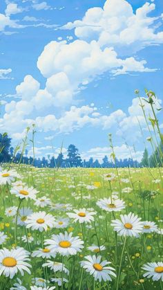 a painting of white daisies in a green field under a blue sky with clouds