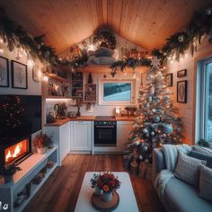 a living room filled with furniture and a fire place next to a window covered in christmas lights