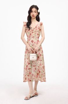 Pink Floral Summer Dress Pink L Spring Sundress For Outing, Chic Beige Floral Dress For Spring, Chic Floral Print Dress For Outings, Elegant Summer Dresses For Outings, Elegant Dresses For Summer Outing, Elegant Fitted Dress For Outing, Chic Long Floral Summer Dress, Chic Long Floral Dress For Summer, Spring Maxi Dress For Outing