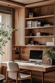 a desk with a computer and chair in front of a window