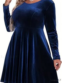 Lasaky - Professional Plus-size Party Dress: Womens Solid Velvet Long Sleeve Round Neck Knee Length Dress for Curvy Figures Non-stretch Fall Party Dresses, Non-stretch A-line Party Dress, Elegant Blue Mini Dress For Costume Party, Holiday Long Sleeve Costume Party Dress, Holiday Costume Party Long Sleeve Dresses, Elegant Stretch Mini Dress For Costume Party, Fitted Solid Color Dress For Costume Party, Mini Dresses For Winter Costume Party, Mini Dress For Winter Costume Party