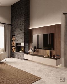 modern living room with fireplace and large screen tv