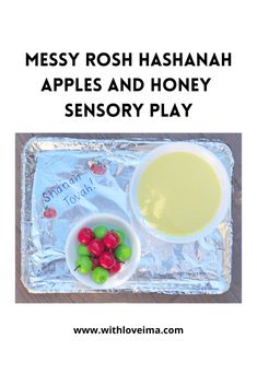 the cover of messy rosh ashah apples and honey sensory play, with berries in