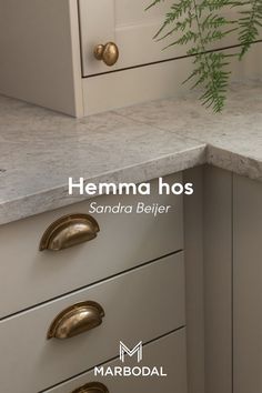 an image of a kitchen counter top with brass handles and knobs on the drawers