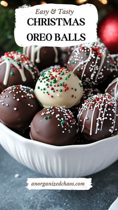 chocolate christmas oreo balls in a white bowl