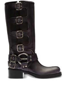 Miu Miu buckle-detail Leather Boots - Farfetch Moto Boots Women, Miu Miu Moto Boots, Miu Miu Buckle Boots, Miu Miu Biker Boots, Miu Miu Boots, Buckled Boots, Boots With Buckles, Calf Length Boots, Dr Shoes