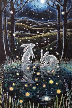 two rabbits are sitting in the water at night