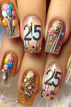 33 Birthday Nails to Celebrate Your Special Day 33 Birthday Nails, Nail Happy Birthday, 50 Th Birthday Nails, Birthday Party Nails Designs, 60th Birthday Nails, Happy Nails Designs, June Birthday Nails