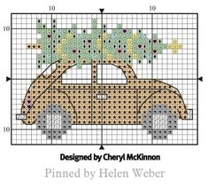 a cross stitch car with a christmas tree on top